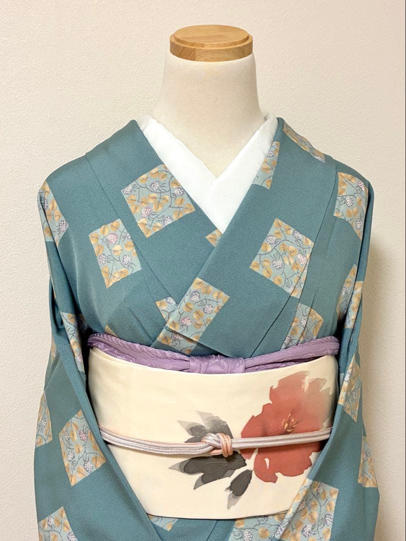 袷　小紋　苺の千代紙　裄70cm 正絹　半衿おまけ付き