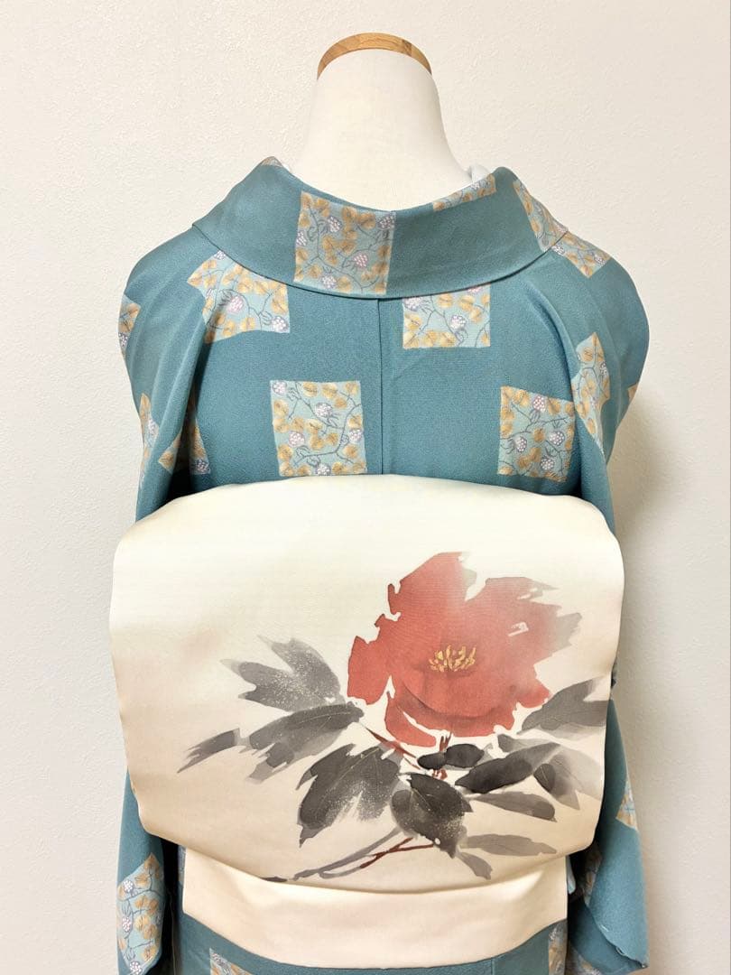 袷　小紋　苺の千代紙　裄70cm 正絹　半衿おまけ付き