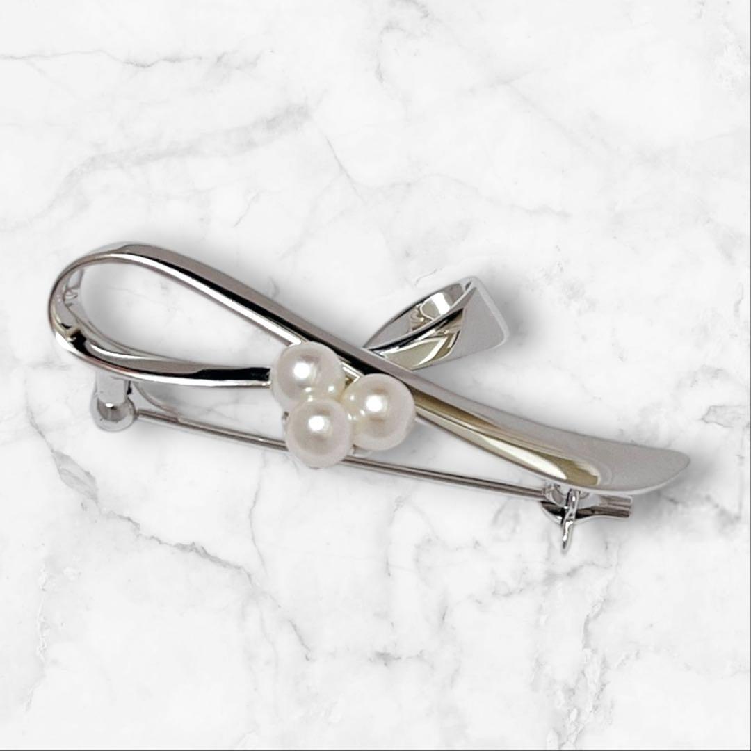 【未使用】MIKIMOTO パールブローチ あこや真珠 リボンモチーフ 刻印あり