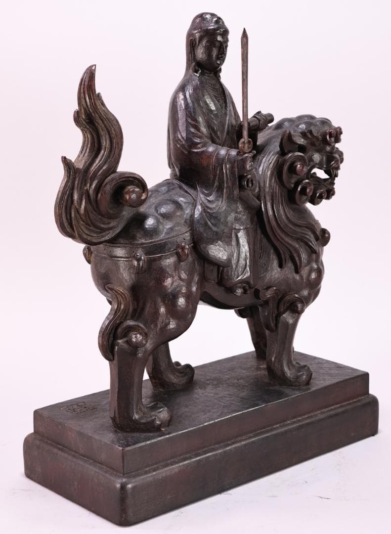 でこい　石崎秀峰 勤作 「 木彫 文殊菩薩 」 金銘　共箱 高さ37.5㎝