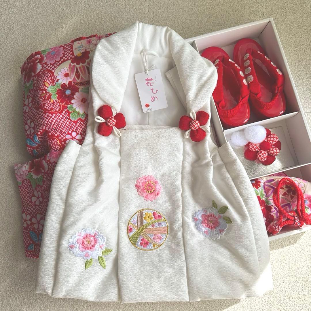 【七五三 3歳 女の子】京都花ひめ 8点フルセット 被布疋田柄 赤白ピンク