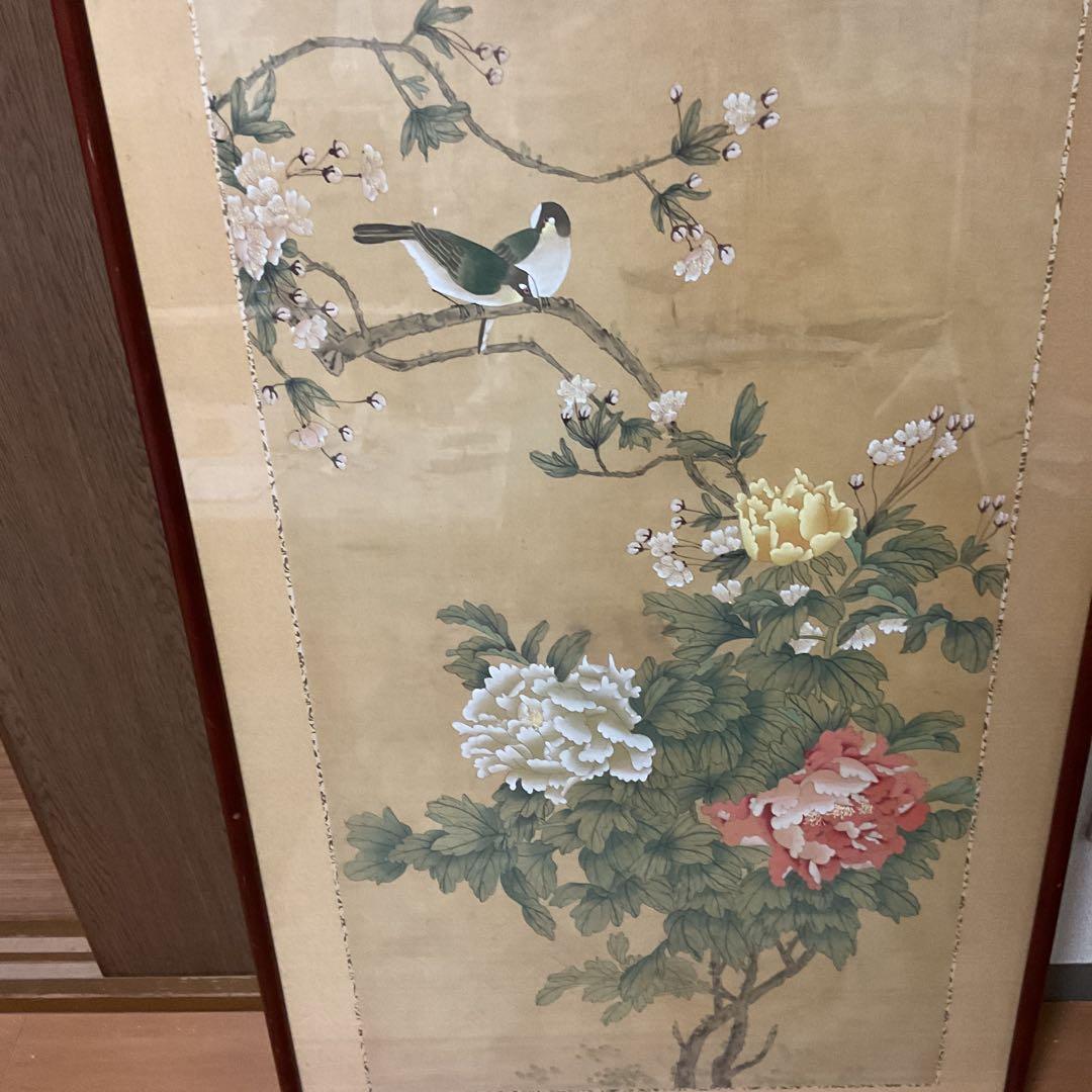 中国画 花鳥図 木枠扁額 【 牡丹に小禽図 】 落款名無 作者不詳