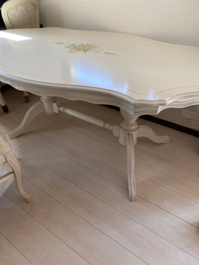 アンティーク調ホワイト オーバル型ダイニングテーブル ロココ調 楕円形テーブル