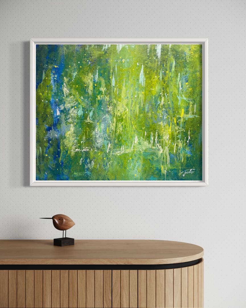 原画　73×60cm「美しき緑の星」現代アート　額縁付