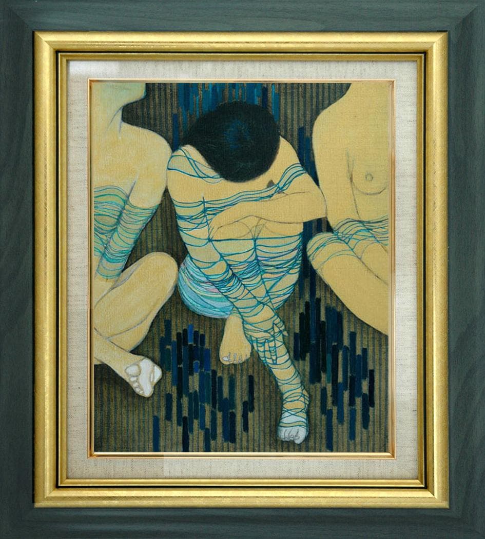 油絵 菅家令子 絵 絵画インテリア額付(青緑＋金色の枠) F6-030314女性