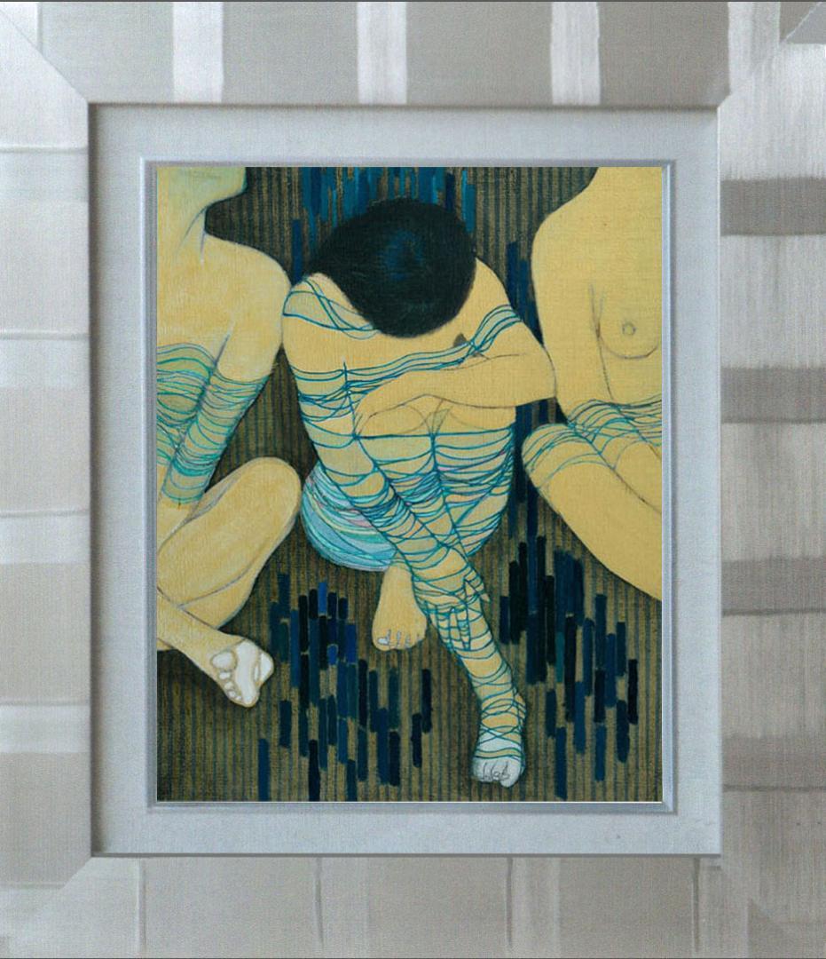 油絵 菅家令子 絵 絵画インテリア額付(青緑＋金色の枠) F6-030314女性