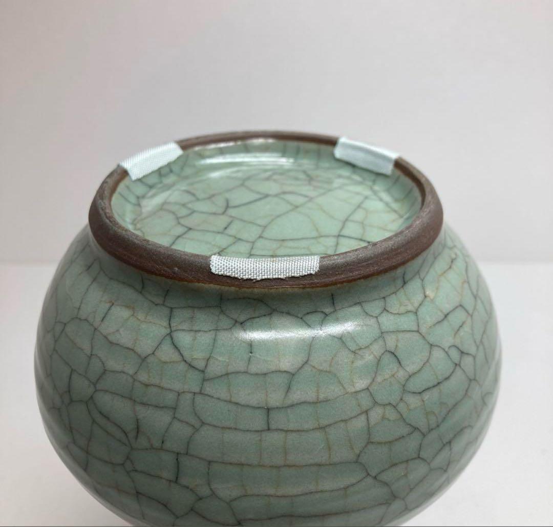 中国古窯哥窯青磁環付花入　口3.5cm 高21.3cm