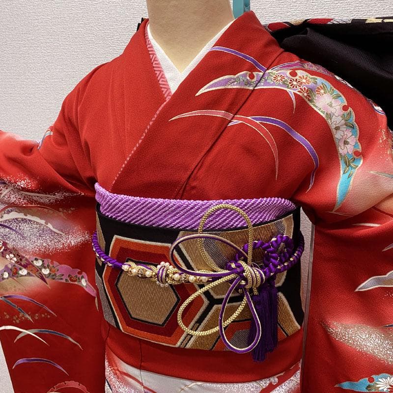 502aj5◎振袖＆袋帯 帯揚げ 帯締め 重ね衿 古典柄 雪輪 金彩 成人式◎