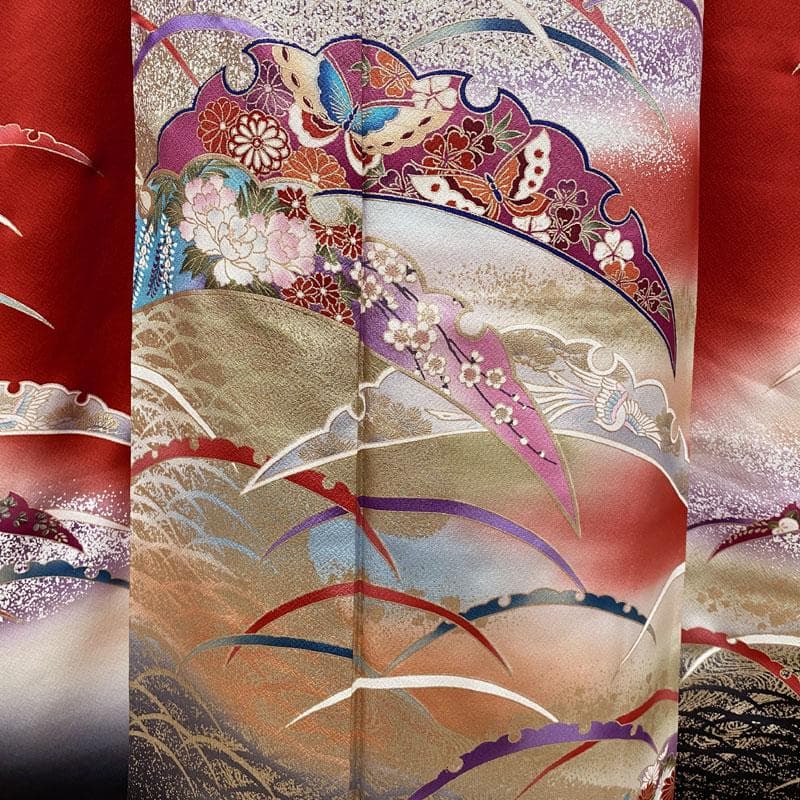 502aj5◎振袖＆袋帯 帯揚げ 帯締め 重ね衿 古典柄 雪輪 金彩 成人式◎