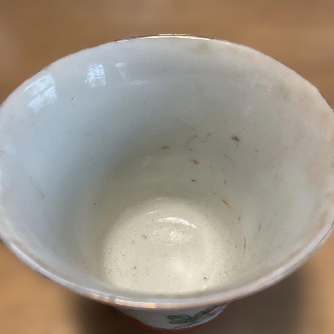 陶器 茶碗 オレンジ色 花柄、中国民国時代