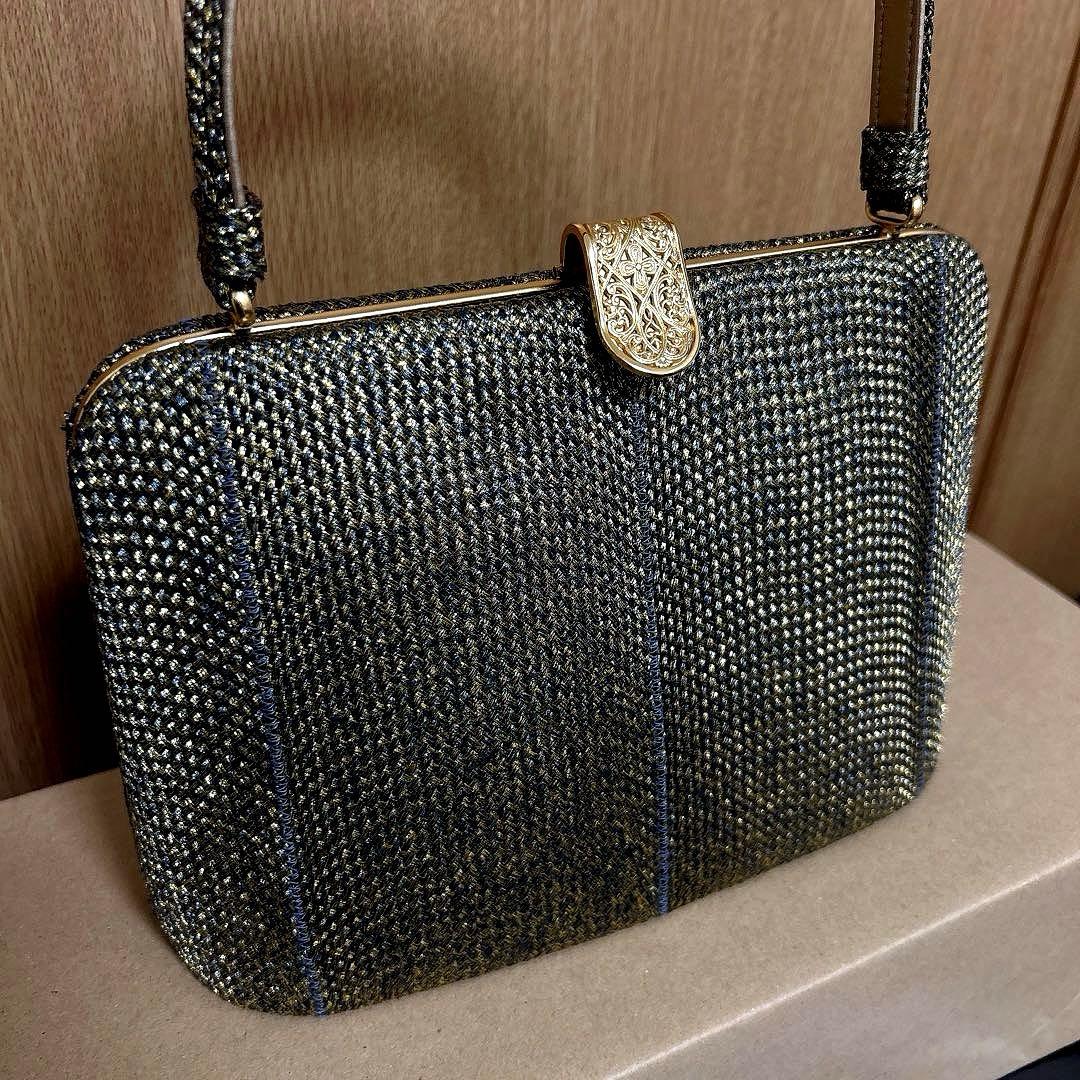 神田胡蝶　和装バッグ　フォーマル　組み織　正絹　金糸　ブラック　ゴールド