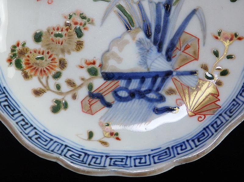 古伊万里　染錦　菖蒲に菊の図　４寸半皿　４客　D869AS-BXp