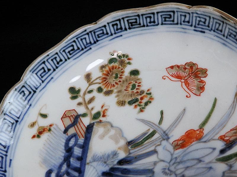 古伊万里　染錦　菖蒲に菊の図　４寸半皿　４客　D869AS-BXp