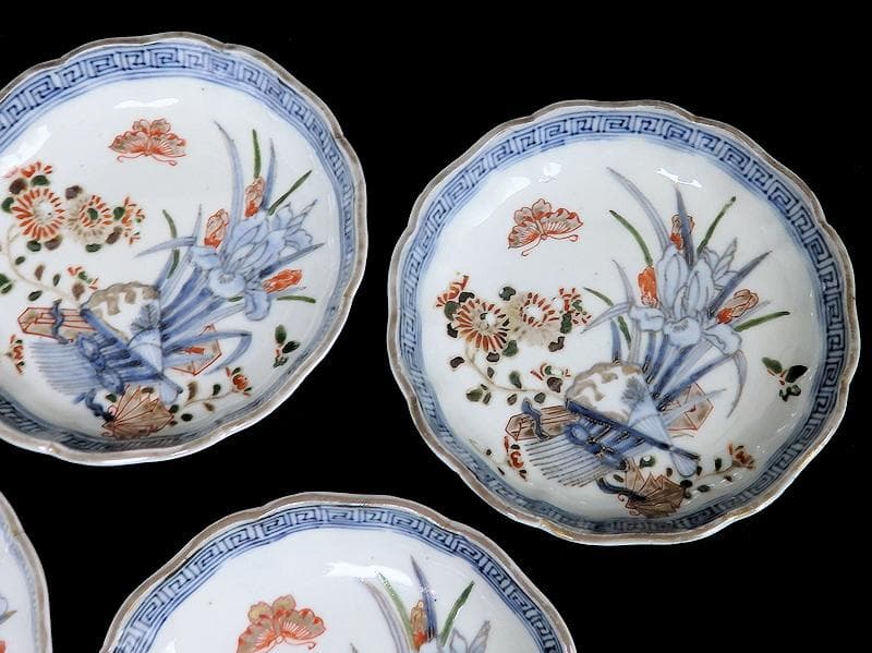 古伊万里　染錦　菖蒲に菊の図　４寸半皿　４客　D869AS-BXp