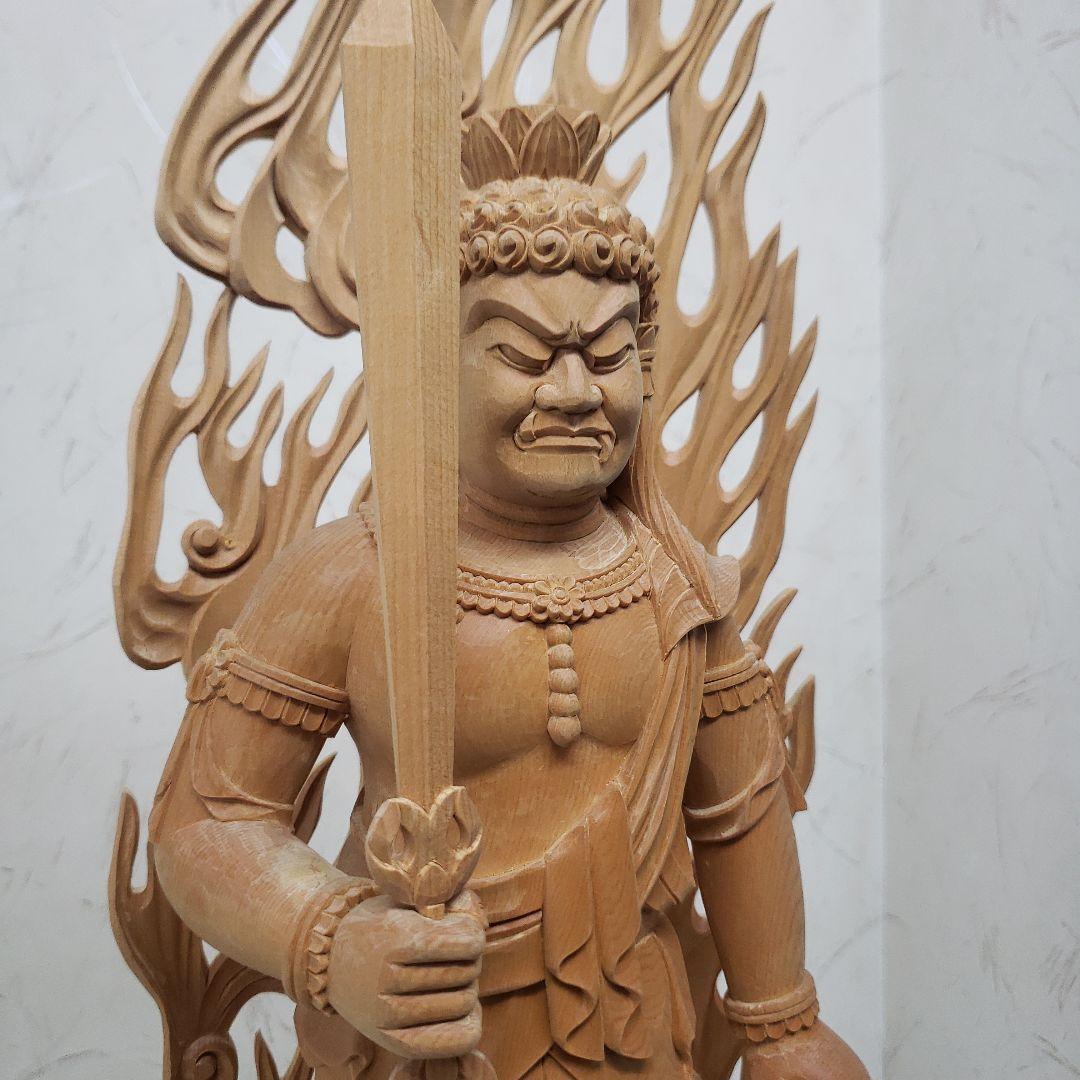 Ｂフライデー蔵出し特価極上彫り★白木材 不動明王立像１尺立★お不動さん火の鳥彫り