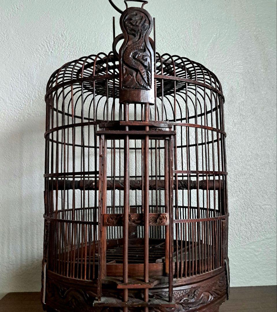 【美品】ヴィンテージ　鳥籠　バードケージ　竹細工　龍と鳳凰