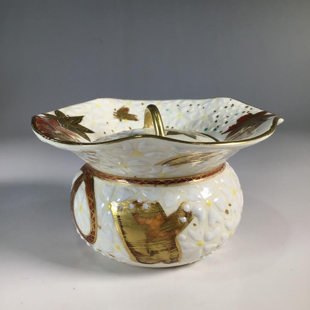 Ｎ３９８　薄器　『宮川香林造』『金彩雲錦文』『袋形茶器』　共箱　茶道具