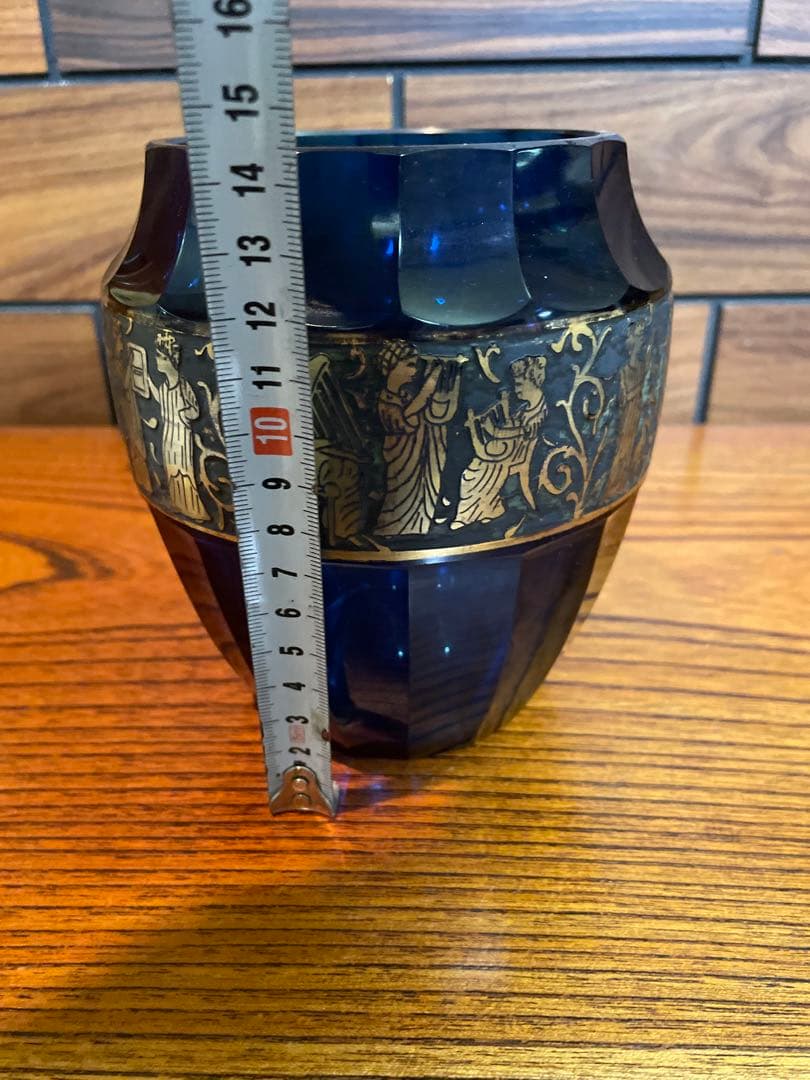 オールドモーゼル　花瓶　クリスタルガラス　金彩パチネ　コバルトブルー