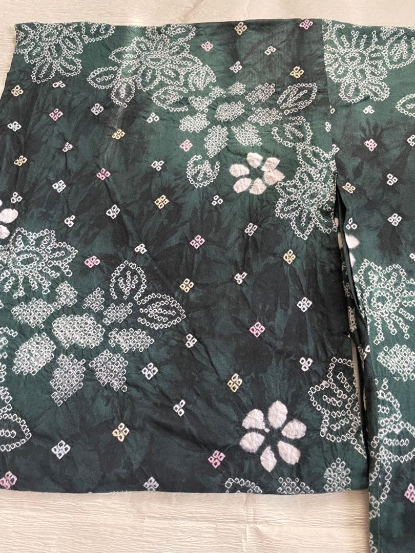 大人の絞り浴衣　ダークグリーン　深緑　希少ふくよかサイズused