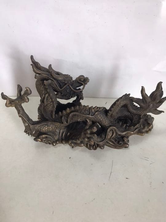 古銅製龍置物，開運，風水，金工細工，高11cm，長20cm，重24OO克