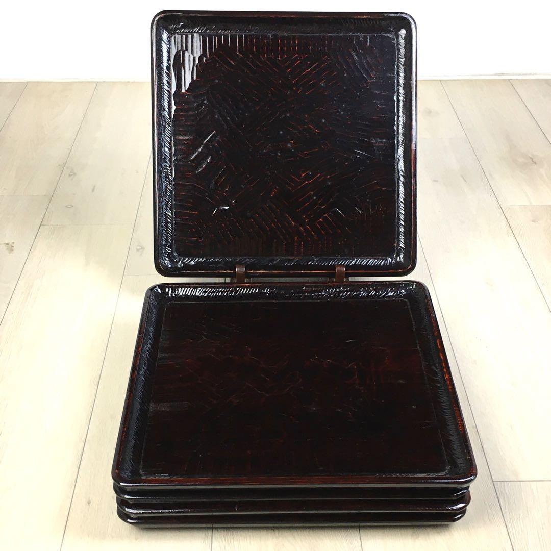 S367讃岐彫 四方盆 くり抜き盆 5客揃 懐石膳 茶懐石