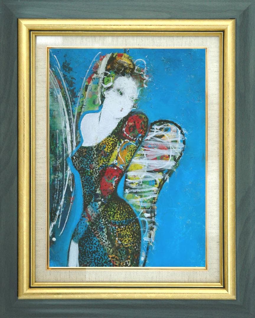 油絵 菅家令子 絵 絵画インテリア額付(青緑＋金色の枠)uF6-010511女性