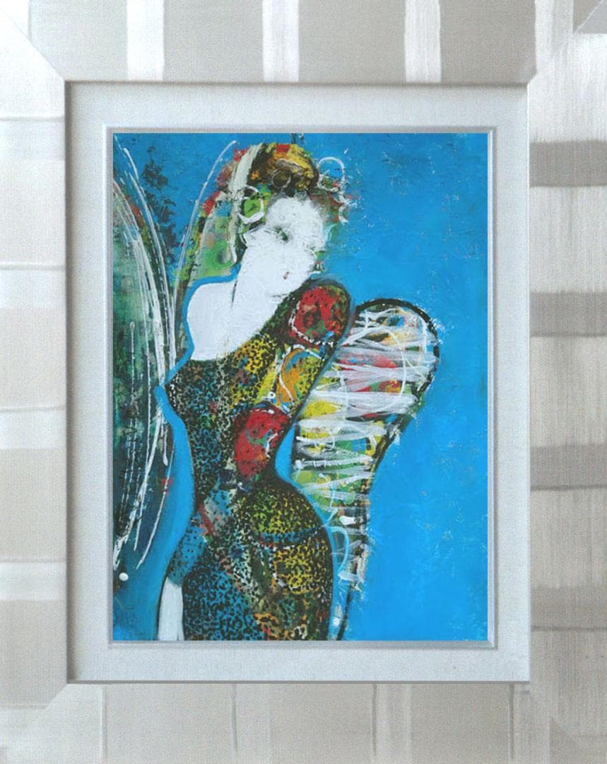 油絵 菅家令子 絵 絵画インテリア額付(青緑＋金色の枠)uF6-010511女性