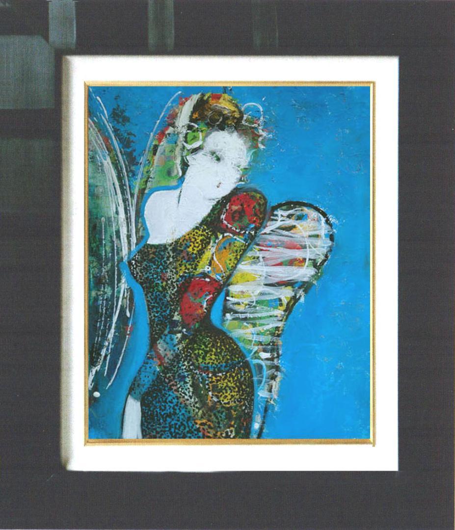 油絵 菅家令子 絵 絵画インテリア額付(青緑＋金色の枠)uF6-010511女性