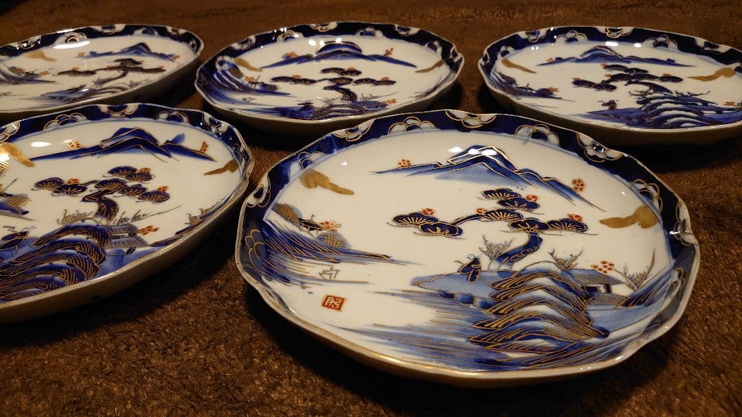 古伊万里　伊万里　中皿　色絵　金襴手　蔵出し　山水　５客