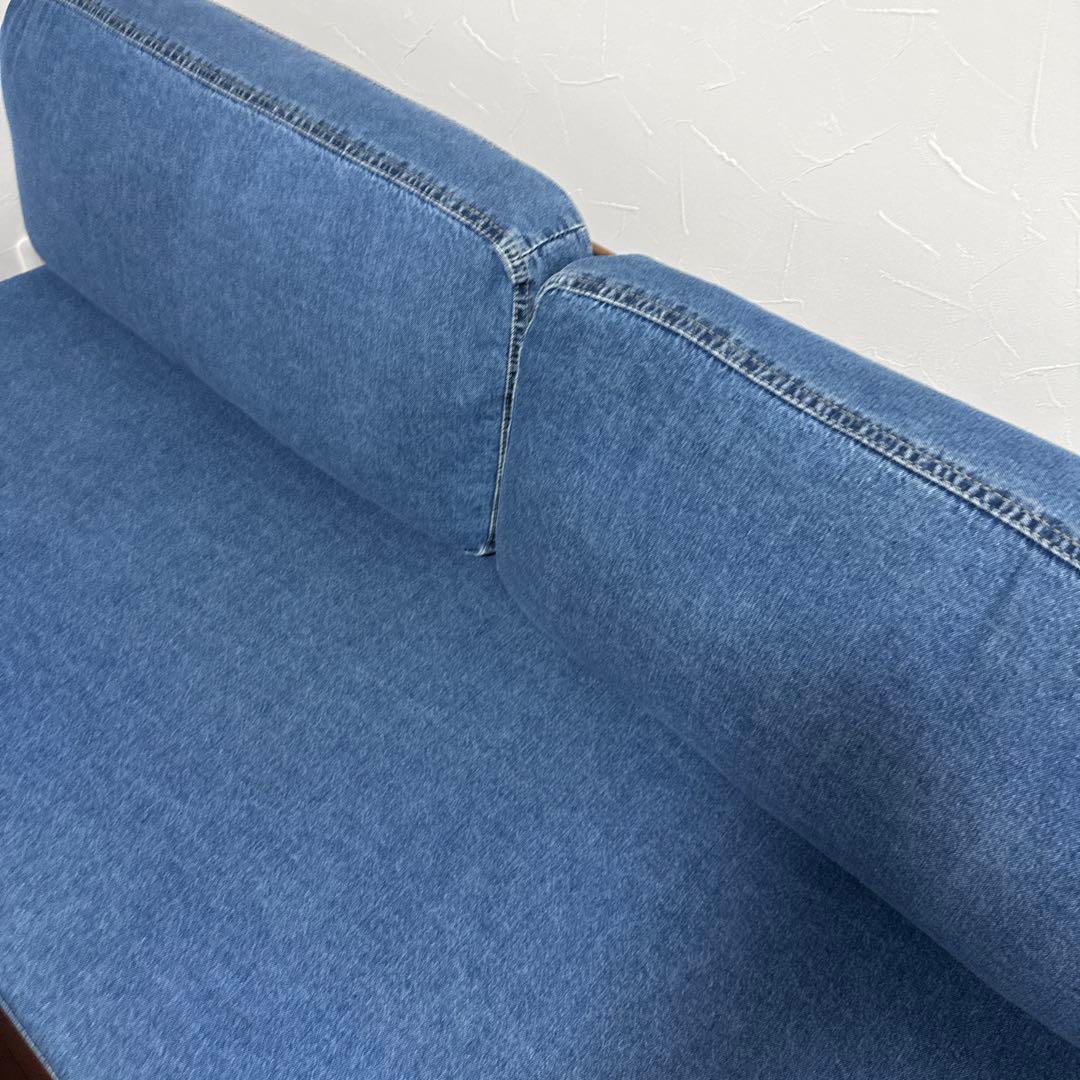 アカシア木材家具　２人掛けソファ（2点机入りません）デニム生地　直接受け渡し希望