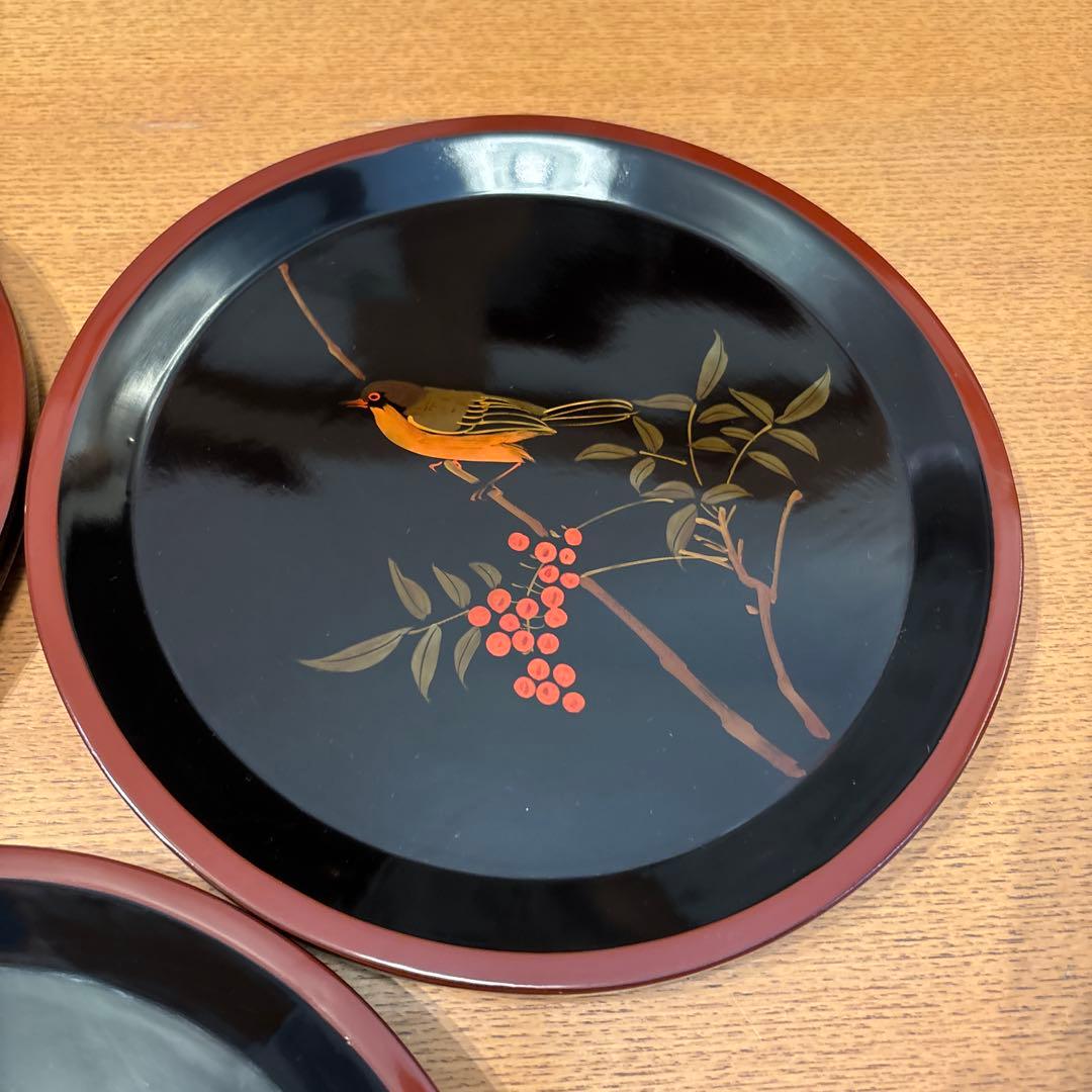 輪島塗 鳥 5枚 別柄 手書き 漆器 昭和初期 新品未使用品