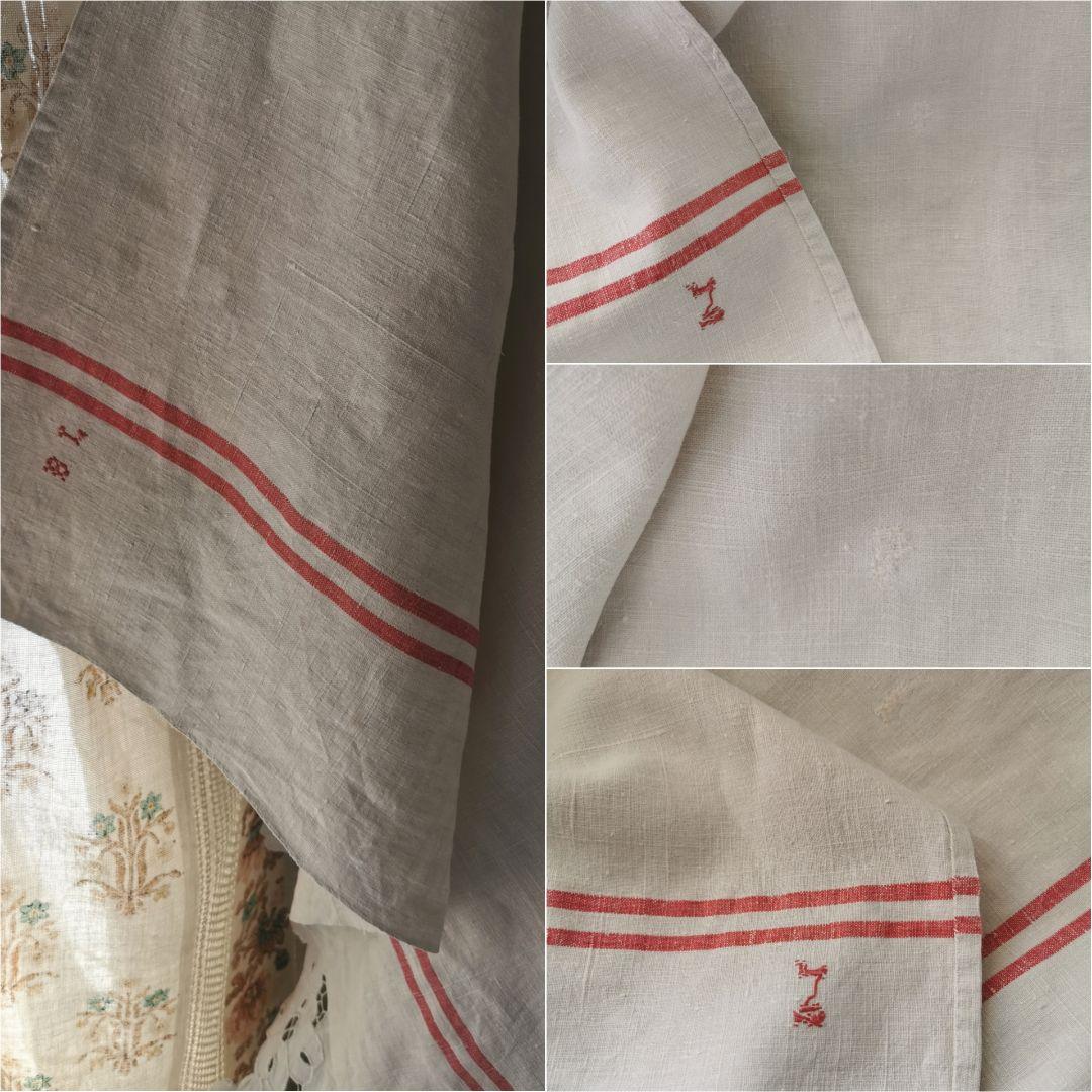 アンティークフランス ダブルライン ホームスパンリネン大判クロス イニシャル刺繍