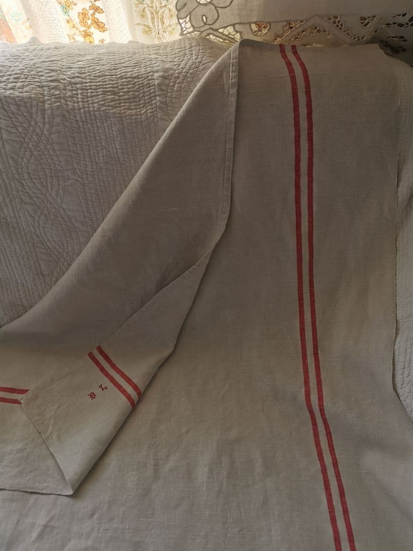 アンティークフランス ダブルライン ホームスパンリネン大判クロス イニシャル刺繍