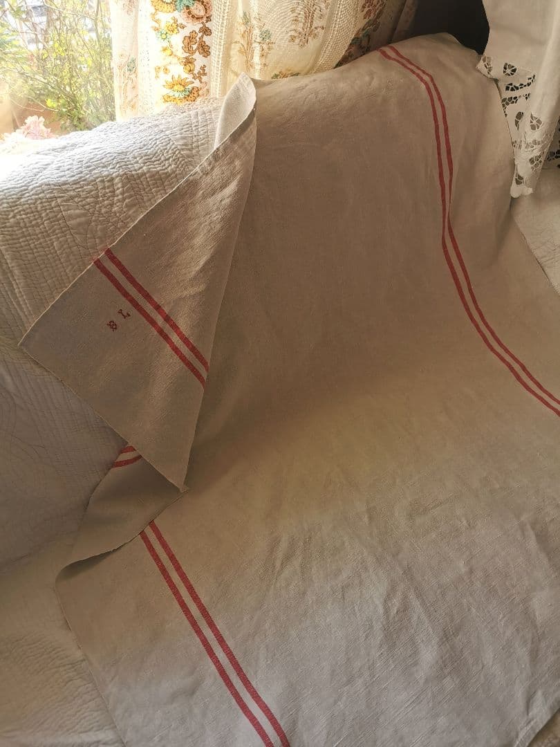 アンティークフランス ダブルライン ホームスパンリネン大判クロス イニシャル刺繍