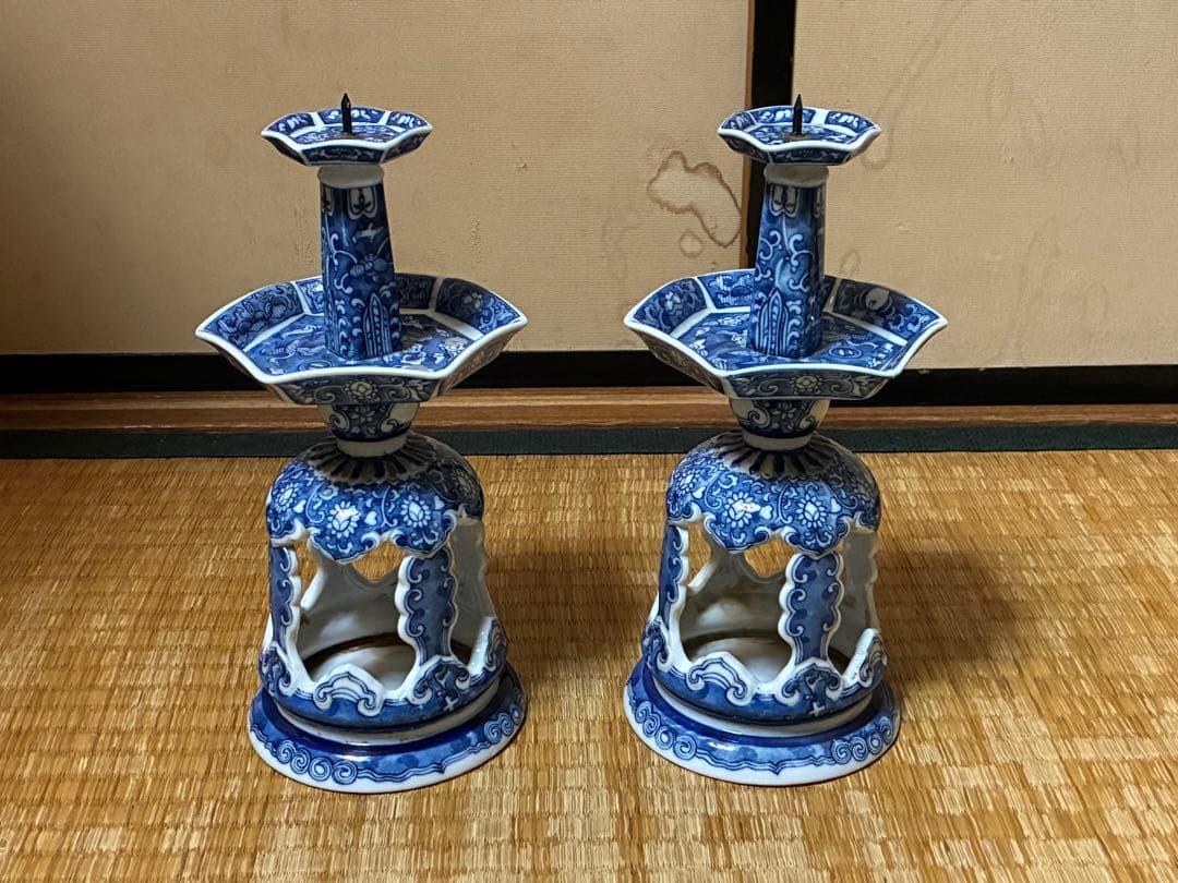 有田焼 古伊万里 染付 燭台 一対 時代物