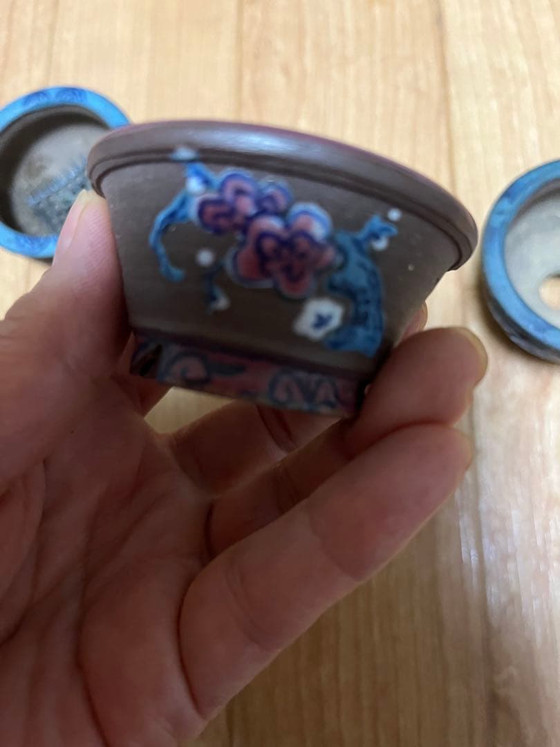 豆盆栽鉢　希少時代　陶翠　彩交趾黒泥丸豆鉢3個セット