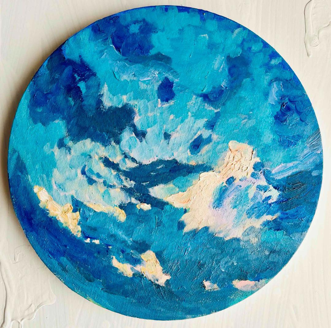 直径25㎝「朝の空　2025-2」油彩・絵画・原画・丸形・アートパネル