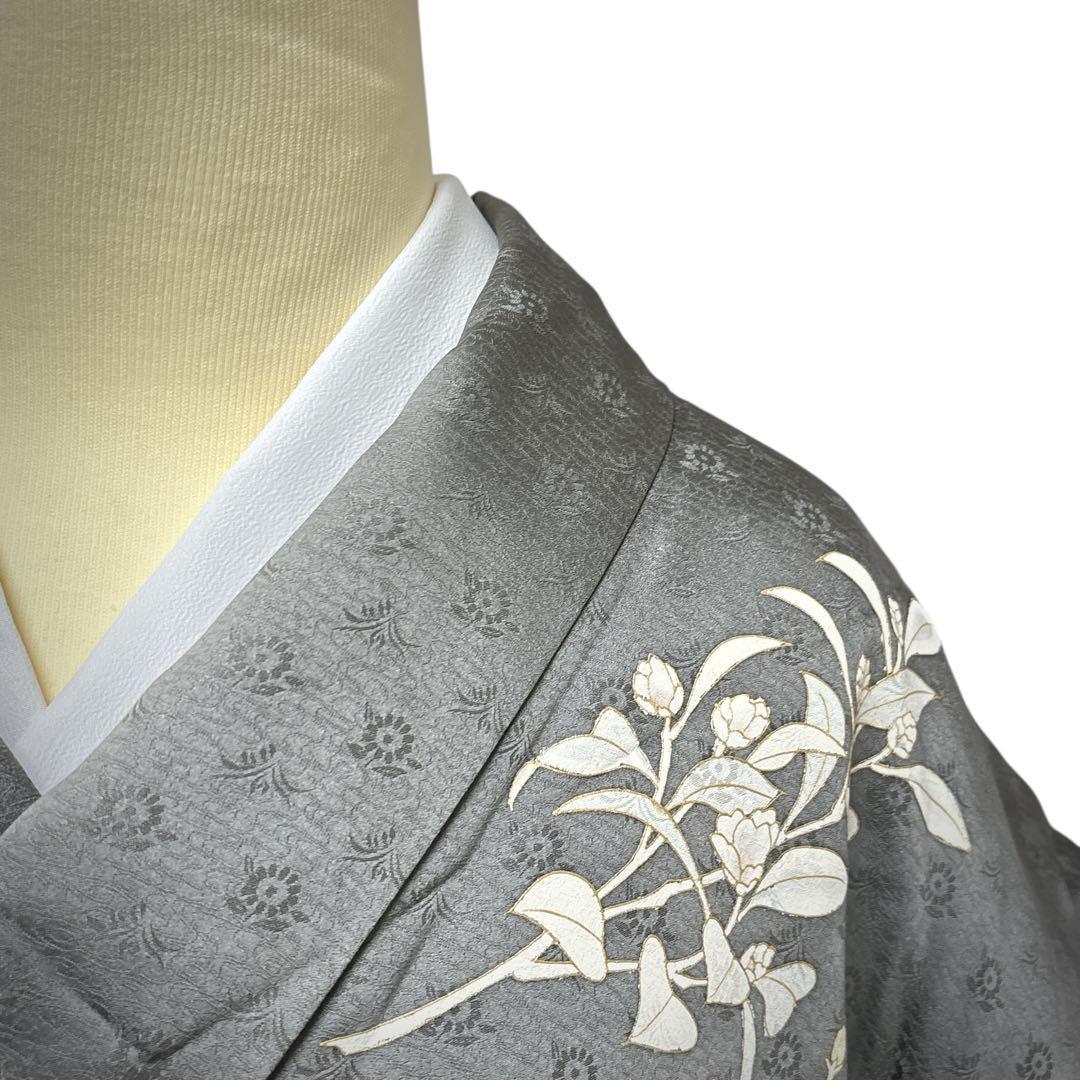 A151愛華 訪問着　錆鼠色　花地紋　染め花　正絹　フォーマル　身丈164cm