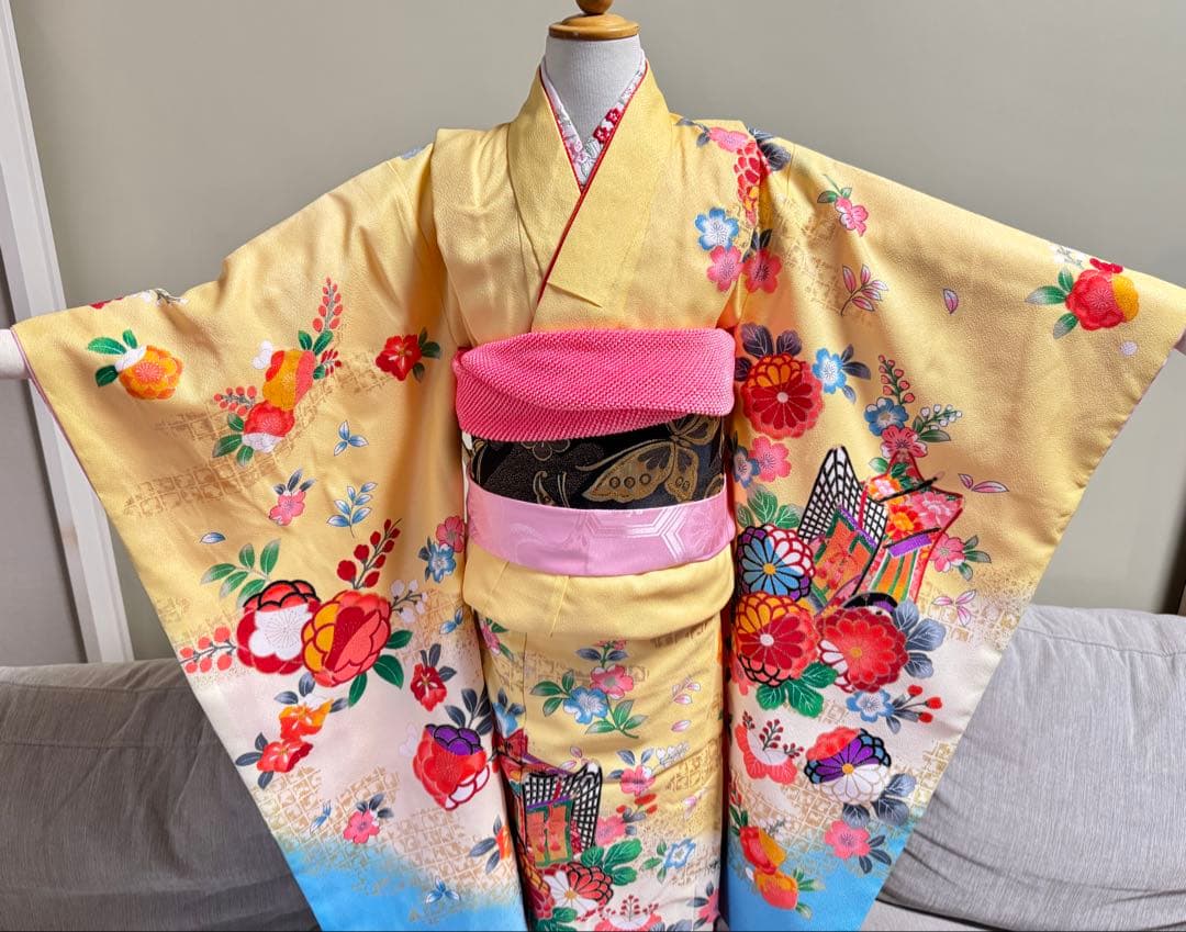 七五三着物帯セット　7歳　黄色　黒系帯