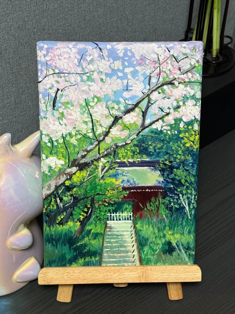 yue　「桜と寺」　手描き　油絵　風景画　原画　油彩画　印象派