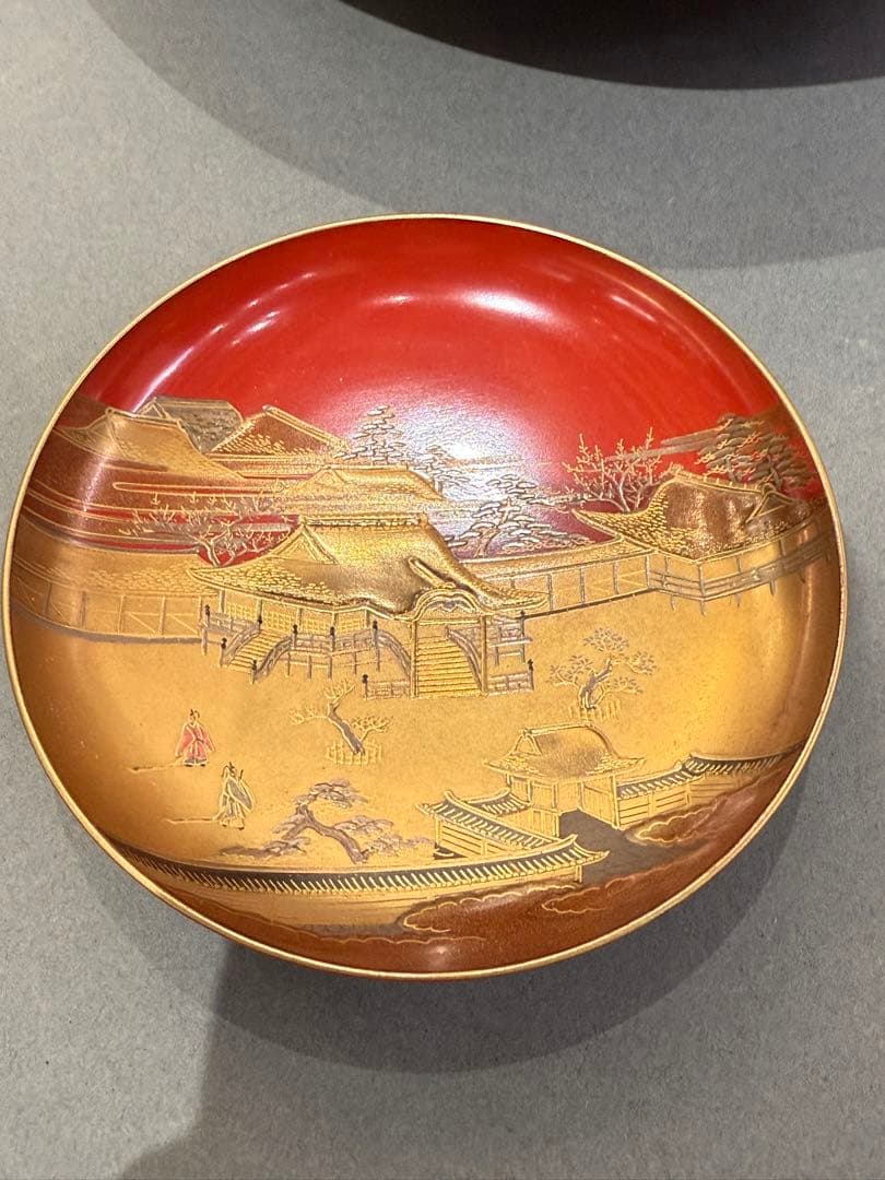 漆器 重箱 一組 金蒔絵 楼阁人物風景文 共箱付 朱塗 時代物