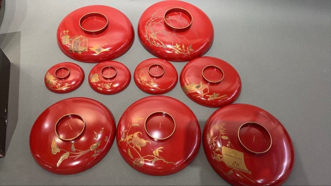 漆器 重箱 一組 金蒔絵 楼阁人物風景文 共箱付 朱塗 時代物