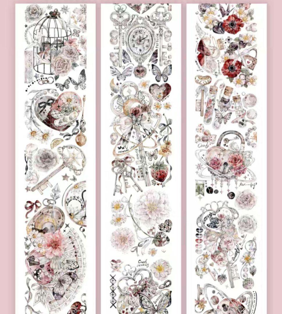 巻売 504★ 海外 マスキングテープ マステ PET 装飾 花 蝶 銀ホロ