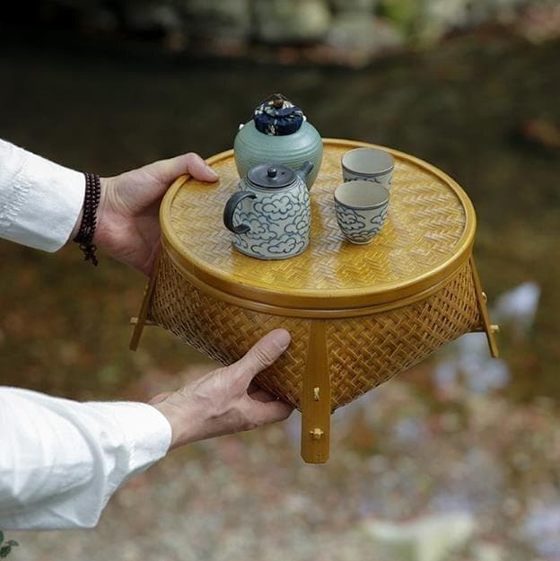 竹製円形茶器トレイ 竹編細工籠 収納する