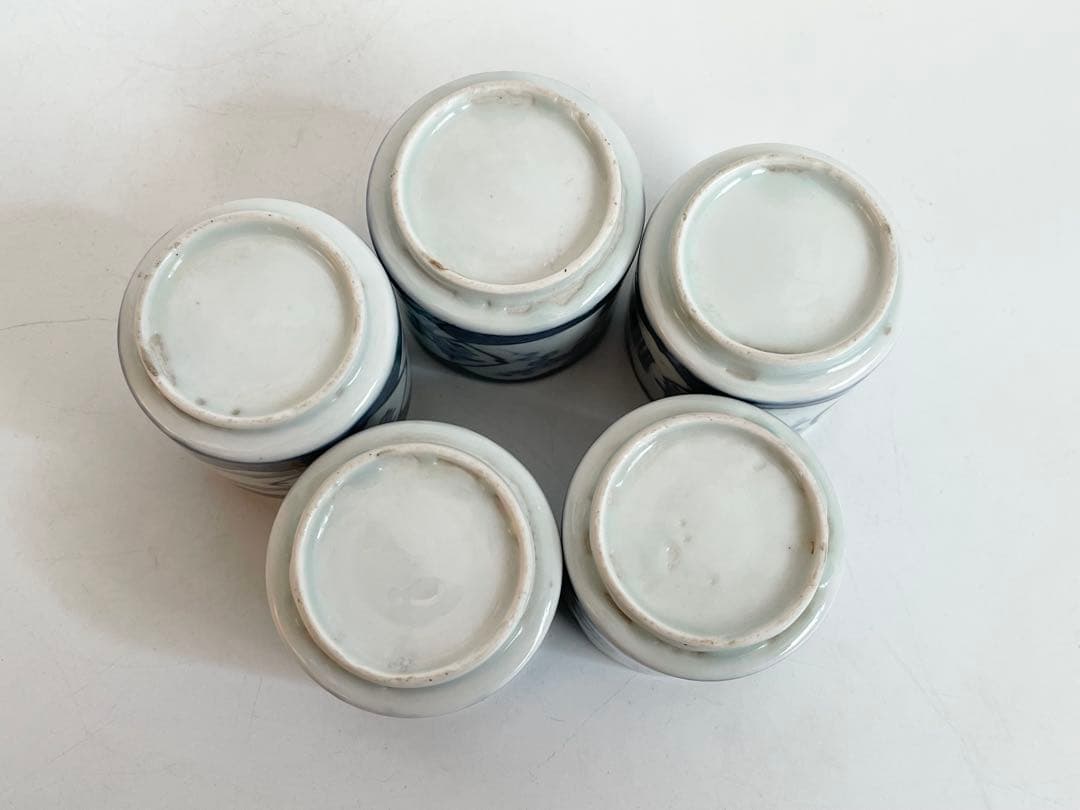 骨董　アンティーク　古伊万里　染付　福寿　梅文　覗き猪口　筒杯　五客