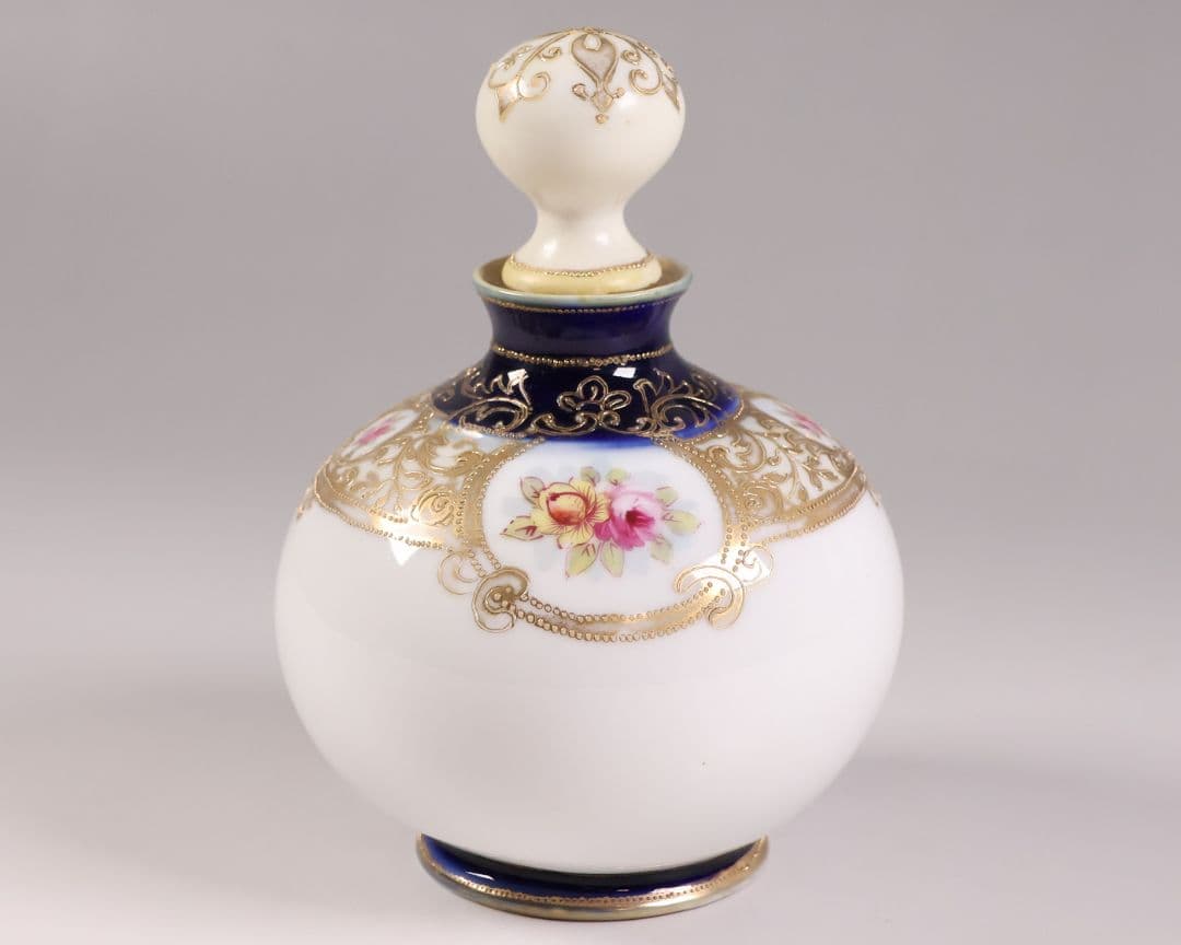 【CM299】オールドノリタケ 花 薔薇 香水瓶 金彩 盛上 パフューム 明治