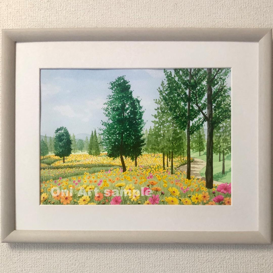 透明水彩画　原画　「キバナコスモスのフィールド02」額縁付　F4サイズ