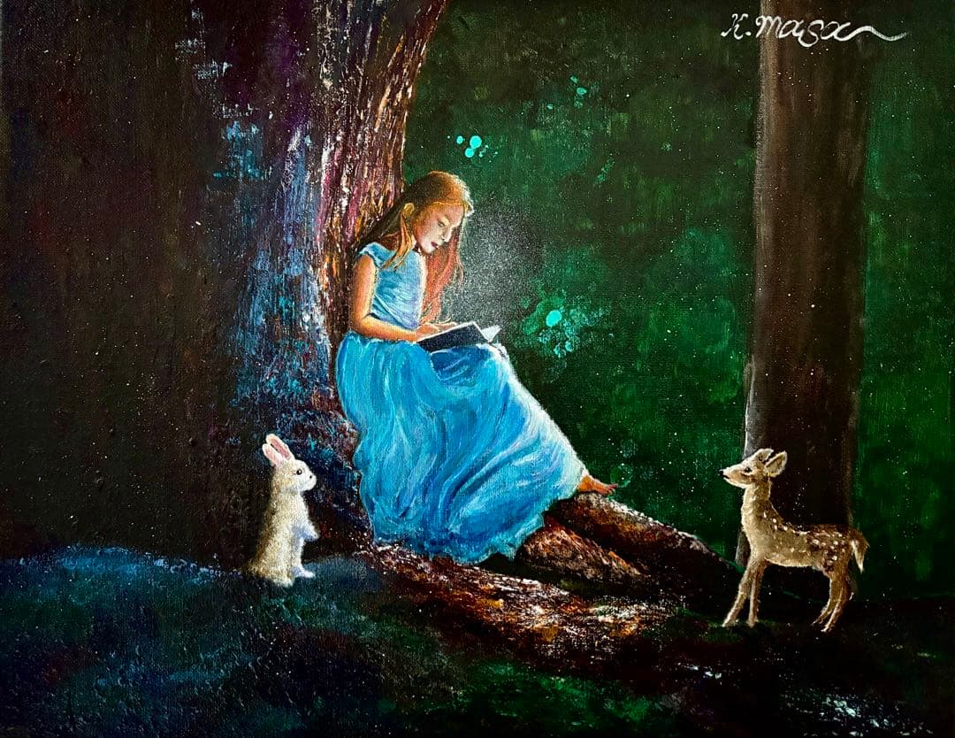 原画 F6号 アクリル画「魔法の本」K.masa癒やしの森青いドレスの少女と動物