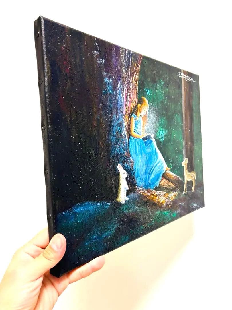 原画 F6号 アクリル画「魔法の本」K.masa癒やしの森青いドレスの少女と動物