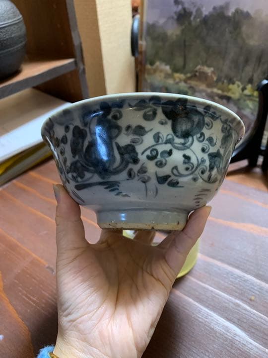 中国古陶磁器　古玩　明代　青花　染付　草花文様　碗